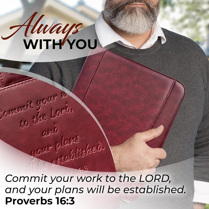 DEHITE Leather Portfolio for Men and Women - Christian Religious Gifts - Padfolio with Laptop Pocket - Letter Size Organizer for Bible Notebook Notepad - Cherry Full Grain Zipper Binder - Image 5